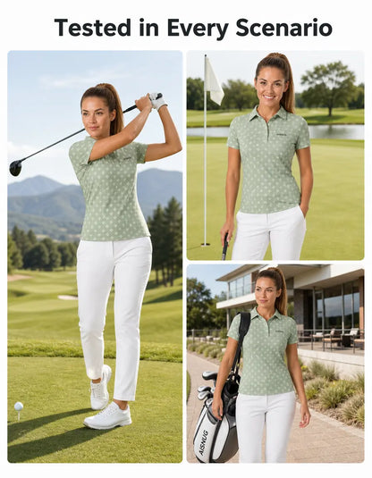 Sage Geometric Blossom Print women’s golf polo lifestyle illustration