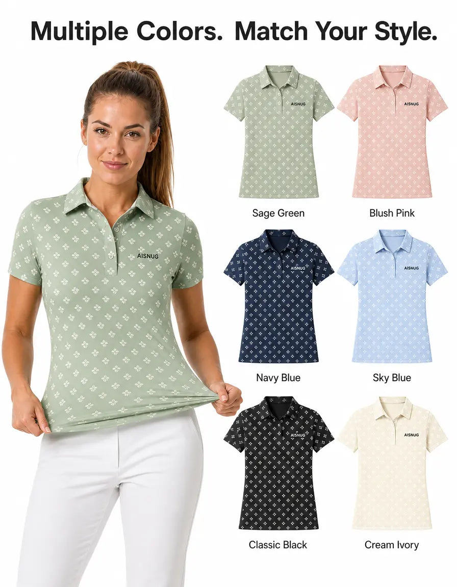 Sage Geometric Blossom Print women’s polo colorway references; availability confirmed by quotation
