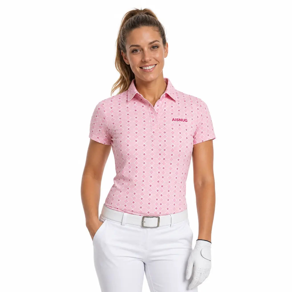 Soft Pink Geometric Print women’s short-sleeve golf polo front view