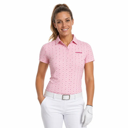 Soft Pink Geometric Print women’s short-sleeve golf polo front view