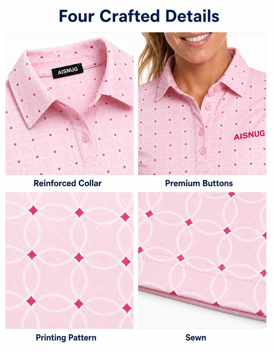 Soft Pink Geometric Print women’s polo collar, placket, print and seam details