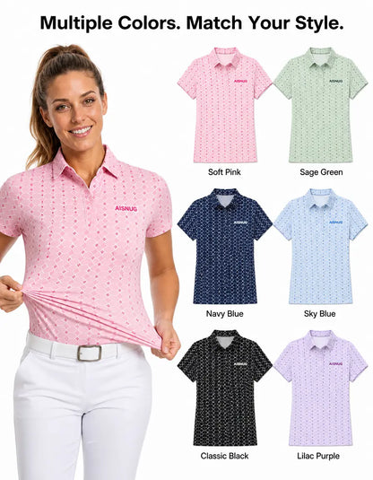 Soft Pink Geometric Print women’s polo colorway references; availability confirmed by quotation