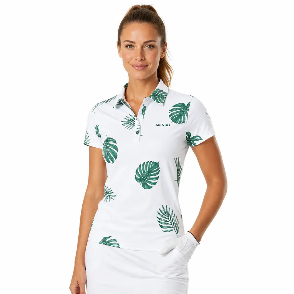 Tropical Leaf Print women’s short-sleeve golf polo front view