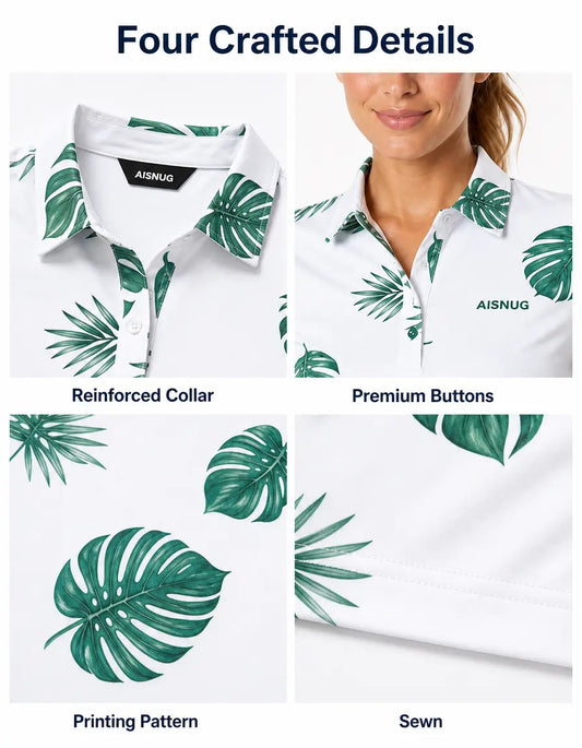 Tropical Leaf Print women’s polo collar, placket, print and seam details