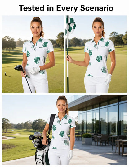 Tropical Leaf Print women’s golf polo lifestyle illustration