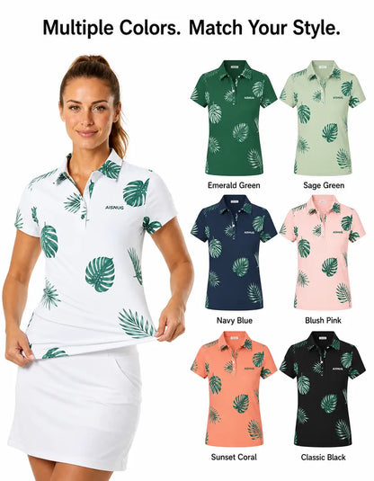 Tropical Leaf Print women’s polo colorway references; availability confirmed by quotation