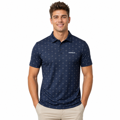 Navy Refined Mini Crest Print men’s short-sleeve golf polo front view