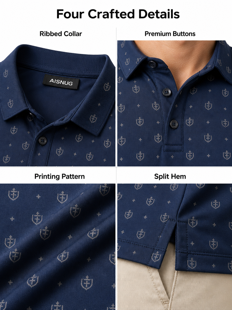 Navy Refined Mini Crest Print polo collar, buttons, print and hem detail references