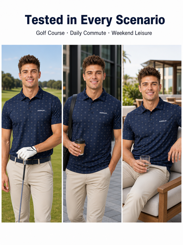Navy Refined Mini Crest Print men’s polo lifestyle illustration, not performance-test evidence