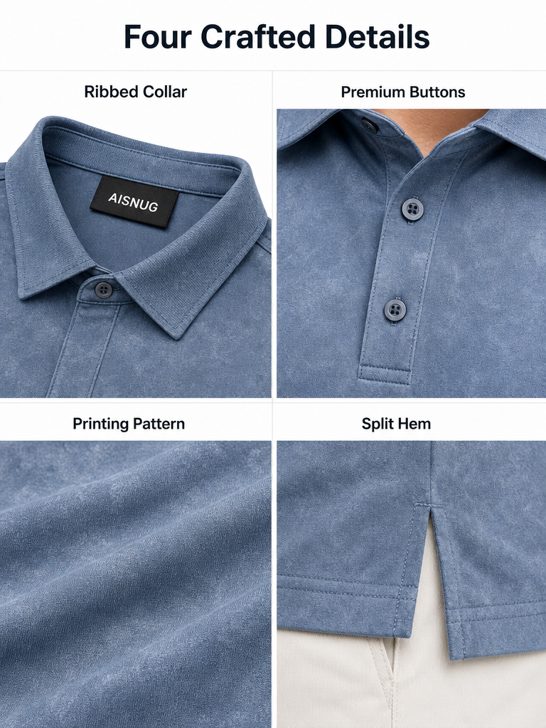 Slate Blue Single-Tone Faded Print polo collar, buttons, print and hem detail references