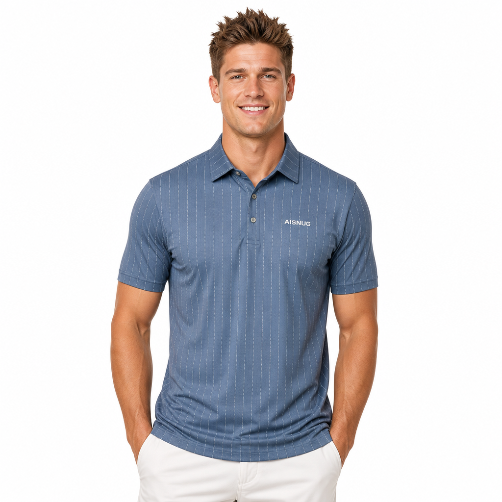 Slate Blue Broken Pinstripe men’s short-sleeve golf polo front view