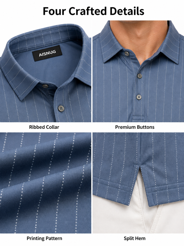 Slate Blue Broken Pinstripe polo collar, buttons, print and hem detail references