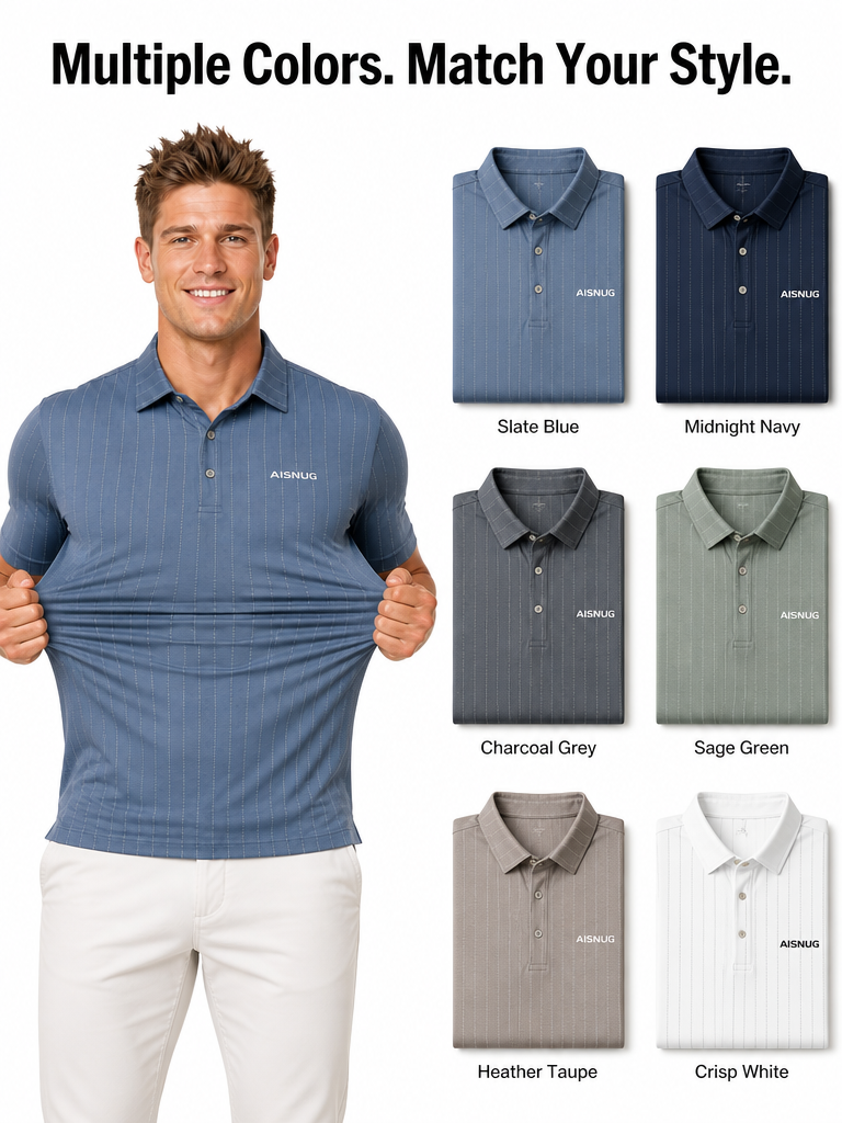 Slate Blue Broken Pinstripe polo colorway references; final availability confirmed by quotation