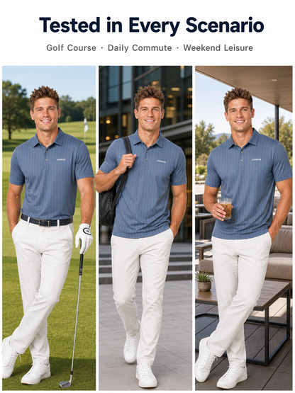 Slate Blue Broken Pinstripe men’s polo lifestyle illustration, not performance-test evidence