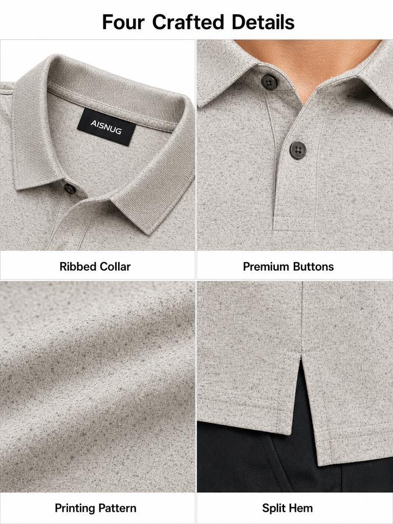 Taupe Grey Soft Speckle Texture Print polo collar, buttons, print and hem detail references