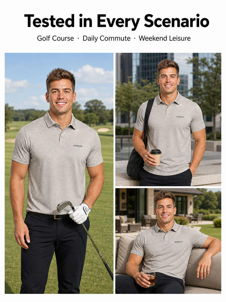 Taupe Grey Soft Speckle Texture Print men’s polo lifestyle illustration, not performance-test evidence