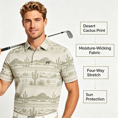 Custom Cactus Print Golf Polo – Moisture-Wicking Resort Apparel Front View