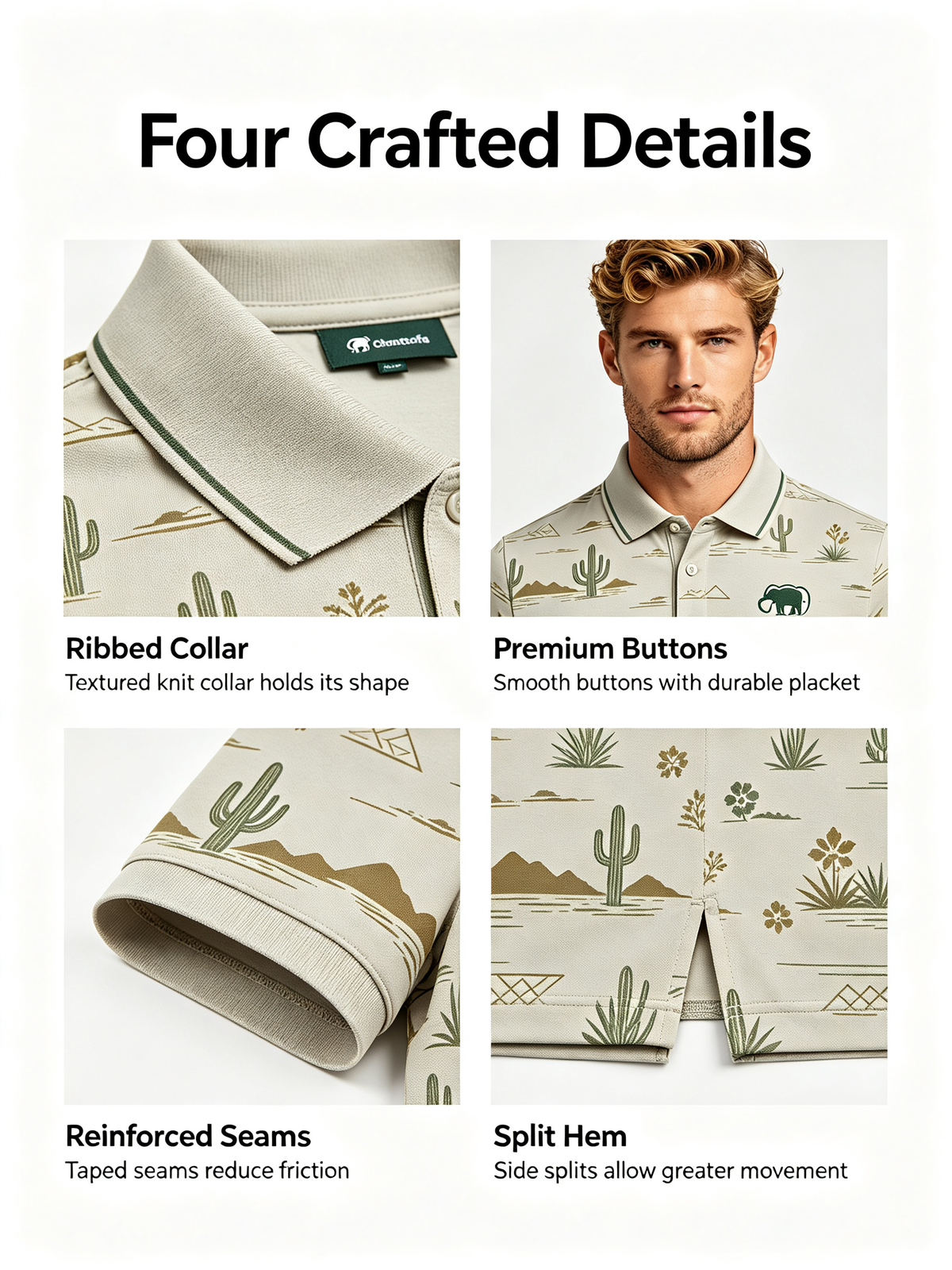 Custom Cactus Print Golf Polo – Moisture-Wicking Resort Apparel Detail
