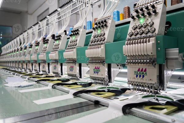 Multi-head embroidery machines working on fabric